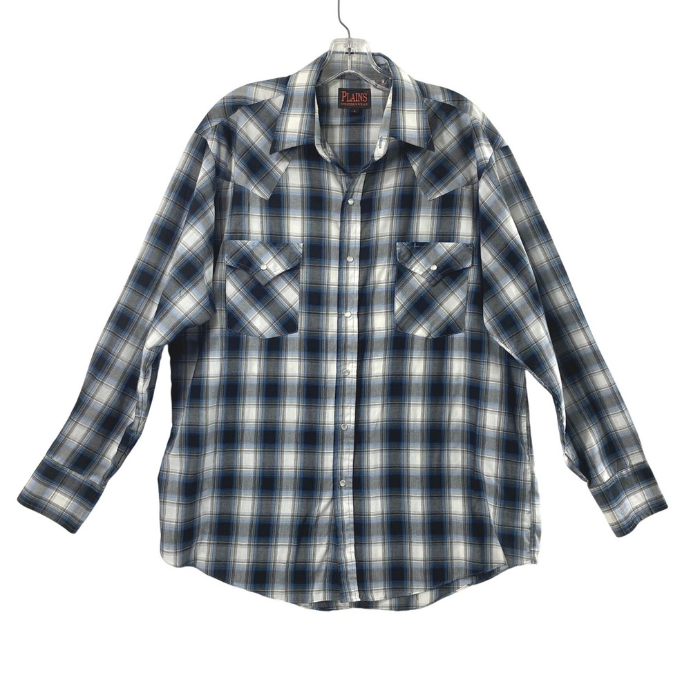 Plains Western Shirt Mens L Blue Black Plaid Pearl Snap Long Sleeve Cowboy Ranch